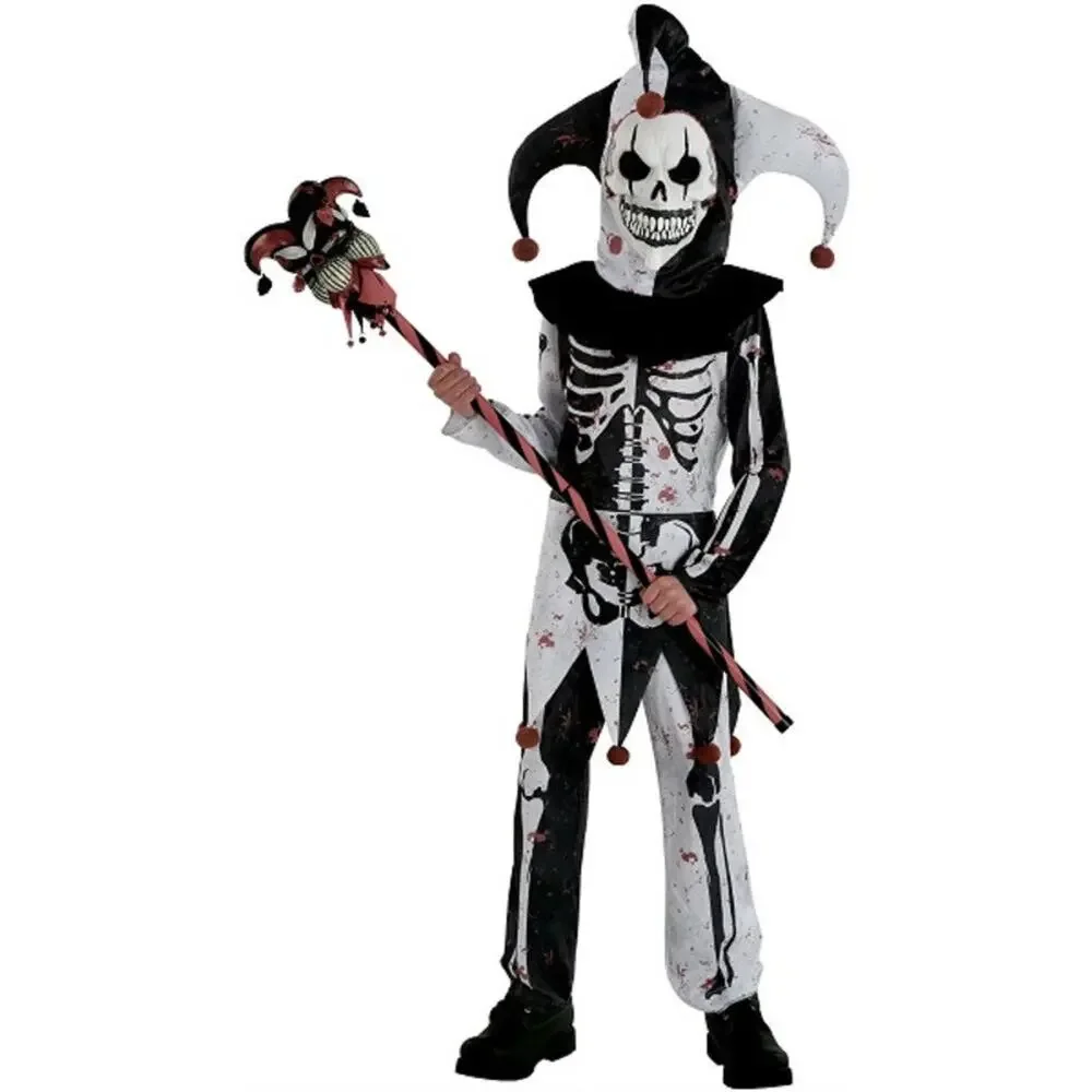 Scary Menacing Jester Clown Suit Skeleton Child's Halloween Costume Sz L 12-14